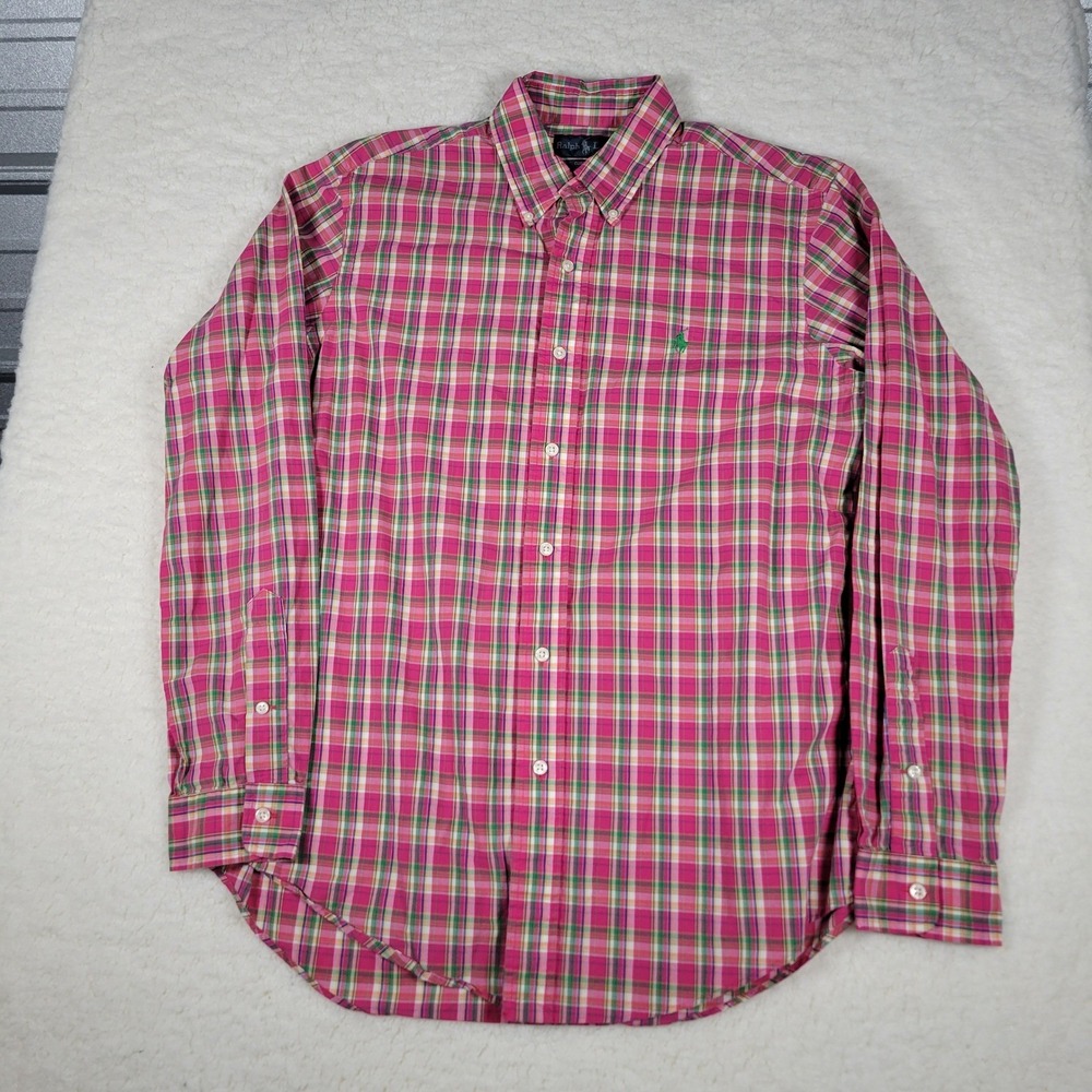 VTG Ralph Lauren Button Down Mens Size M Pink Green Plaid Custom Fit Long Sleeve